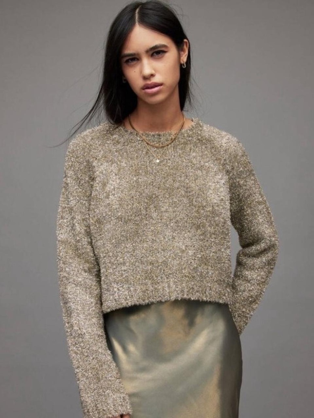 AllSaints Rosetta Metallic Tinsel Cropped Sweater Gold size Small